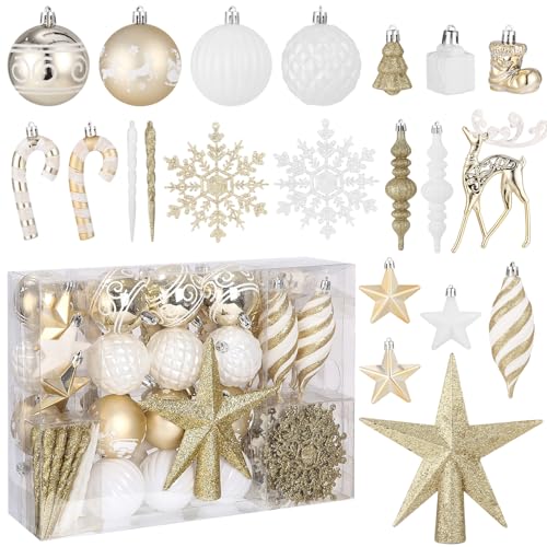 88 Piezas Adornos Navideños para Casa, Delicadas Bolas de Navidad Blancas y Doradas y Varias Formas de Adornos Navideños, Adecuados para Navidad, para Decorar el árbol de Navidad