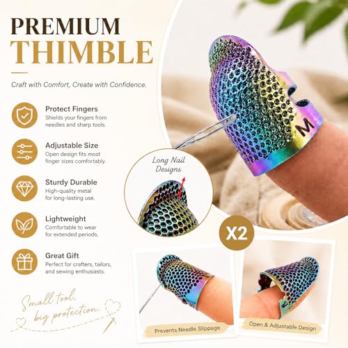 Image of Thimbles for Hand Sewing, Sewing Thimble Kit, Metal Finger Protectors, Thimble Ring for Hand Quilting and Embroidery(Colorful,2Pcs,Small /Medium)