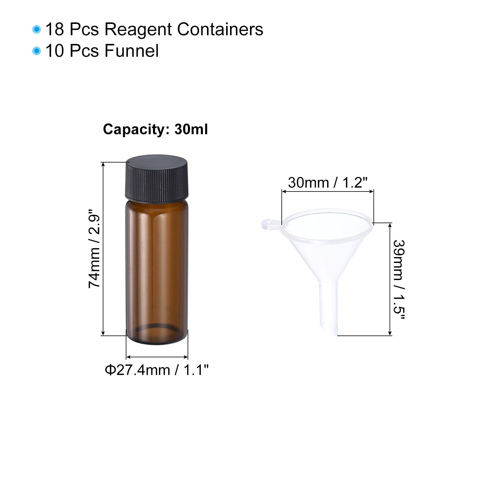 PATIKIL 30mL Glass Vials with Screw Caps, 18Pcs Liquid Sample Vial Storage with 10 Funnel for Essential Oil Liquid Sampling, Amber Black