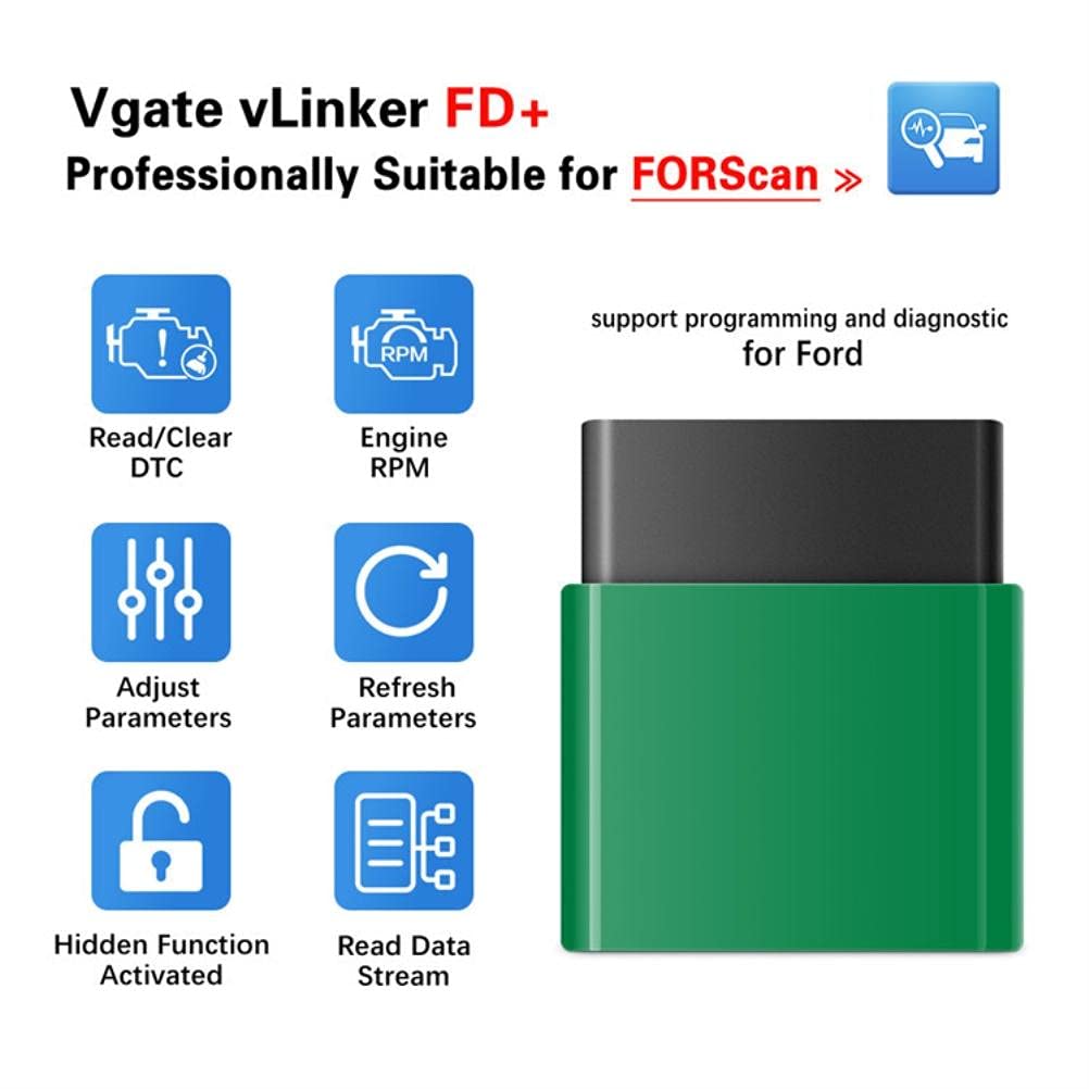 FD+, Skaner Diagnostyczny Bluetooth OBD2 z obsługą MS-CAN, do Diagnostyki Samochodowej (GREEN)