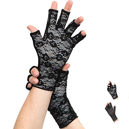 Classy Pal Compression Gloves for Arthritis, Women & Men, Typing Gloves for Neuropathy, Hand Pain Relief from Rheumatoid, Raynauds, Carpal Tunnel & Lymphedema, Fingerless, Cotton (Lace, Medium)