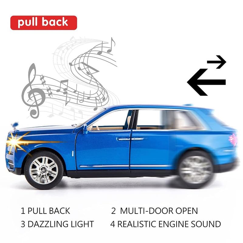 Image of Kids Model 1:24 RR Cullinan Die Cast Metal Car Pull Back Action Opening Doors with Realistic Engine Sound Lights Toy Car Gift for Boys - Blue