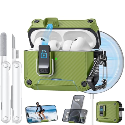 Image of Dual Safety Lock for AirPods Pro 3 Case 2025, Compatible with MagSafe - Designed with Automatic Switch and Phone Stand, Includes a Cleaner & Keychain - Rugged Tough Hard Shell