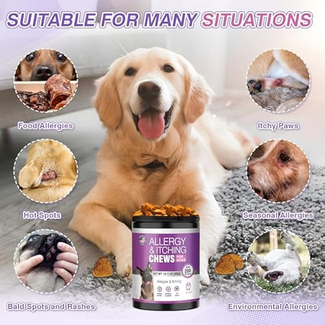 Dog Allergy Chews 200ct - Dog Allergy and Itching Skin Relief Anti Itch Aller Immune Bites for Dogs licking Paws Treatment Relief Itchy Chew Probiotics Vitamins for Skin and Coat Allergies - Lamb-prcjxBKo