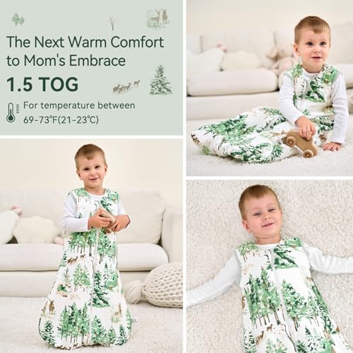 Image of Baby Sleep Sack 6-12 Months 1.5 Tog Baby Wearable Blanket 100% Cotton Fabric Warm Sleeping sack with 2-Way Zipper Quilted for Infant Newborn Tog Green Pine