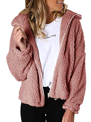 Womens Fall Zipper Jackets Fleece Long Sleeve Lapel Shearling Oversized Coats Winter Solid Warm Outwear Pink