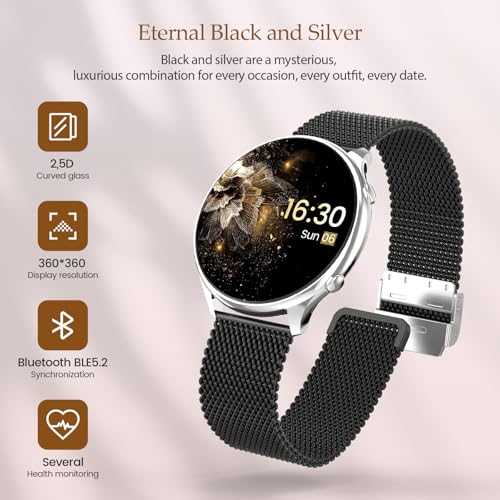 Reloj Inteligente Mujer con Llamadas Negro Plata|Usa para Deportes y Control de Salud|Resistente al Agua IP67|1,39 Pulga