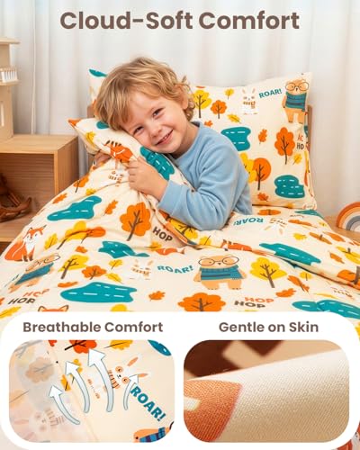 Image of 4-Piece Toddler Bedding Set, Toddler Bed Comforter Set for Boys & Girls | Includes Comforter, Fitted Sheet, Flat Sheet & Pillowcase, Woodlands Animals