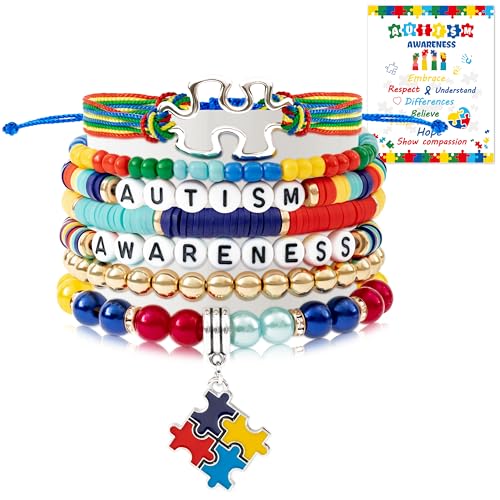 Y1tvei Autism Awareness Clay Bead Bracelets - 7Pcs Autism Awareness Colorful Clay Bead Surfer Bracelet Puzzle Piece Pendant Bracelet String Layering Stackable Stretch Bracelet Gift for Women Kid