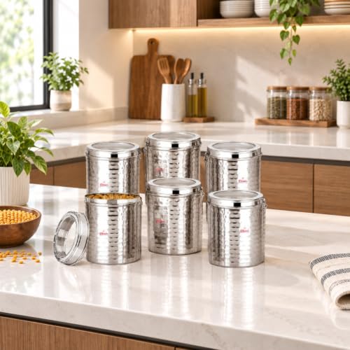 Image of Ebun Stainless Steel Containers for Kitchen Storage Set | Steel Storage Containers for Kitchen | Steel Containers with Lid | Hand Hammered Texture Airtight Steel Containers 500 Gms | Pack Of 6