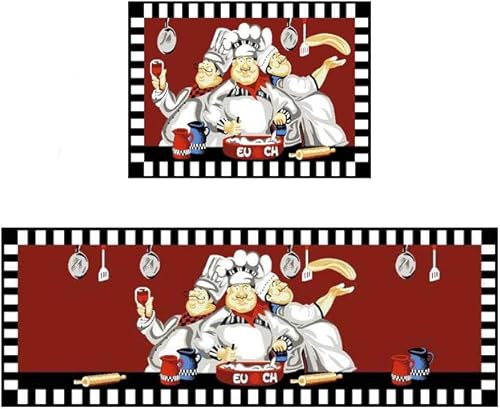 Juego de 2 tapetes de cocina con parte trasera de goma, 17 x 47 pulgadas + 17 x 23 pulgadas (tres chefs grandes)