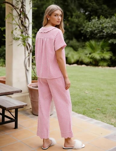 Image of Flygo Womens Gingham Pajamas Set Cotton 2 Piece Pj Set Scalloped Collar Babydoll Shirt Pants Plaid Y2K Lounge Sets