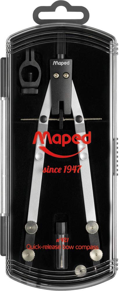 Maped - Compás con Bigotera - N1 421 Compás Técnico de Ajuste Rápido - Tornillo Micrométrico - 1 Mina de Repuesto, 1 Adaptador y 1 Tuerca de Recambio - Diámetro Máximo 30 cm