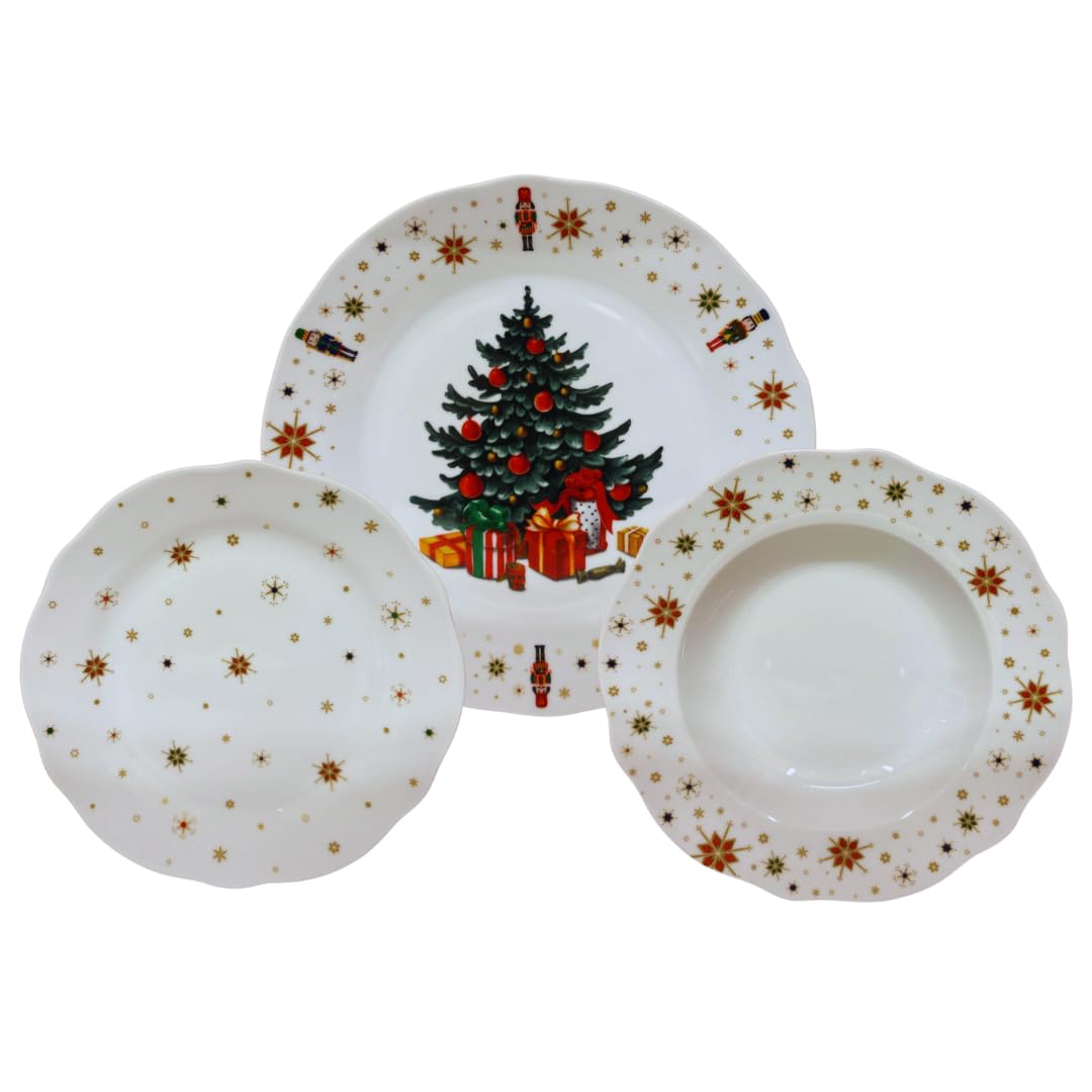 Servizio Piatti di Natale in Porcellana Resistente per 6 Persone: 18 Pezzi, Decorazioni con Albero di Natale Schiaccianoci e Stelle, Rosso e Bianco, Adatto: Lavastoviglie e Microonde.