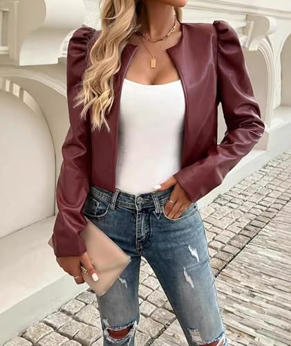 Sexyshine Women's Cropped Faux Leather Jacket Puff Long Sleeve Slim Fit Open Front PU Leather Coat Office Streetwear4