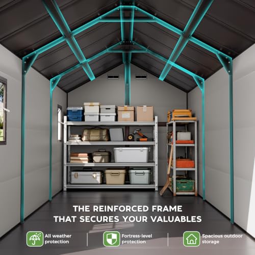 8x14 FT Extra-Deep Resin Storage Building with Floor, 16mm Thick Panels & 21-Gauge Steel Structure, Long Garden Shed with 2 Windows for Kayaks, Ladders,Bulk Equipment - Image 3