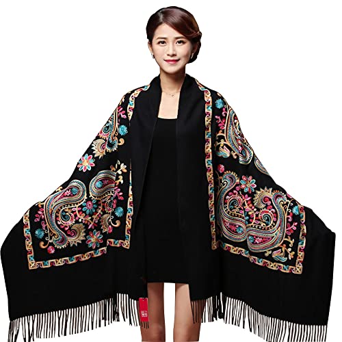 Women's Fashion Long Shawl, Classic Tassel Soft Scarf Retro Hand embroidery Large Blanket Wrap Shawl