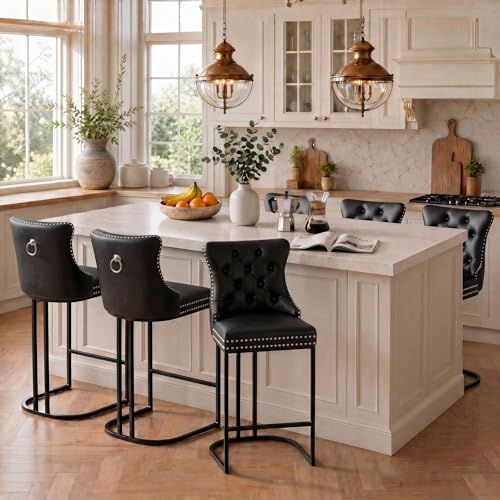 Image of UVV Counter Height Bar Stools Set of 6, 26 inch Modern Barstools with Back, Faux Leather Upholstery Counter Chairs with Metal Legs for Kitchen Island, Bar, Counter, Black