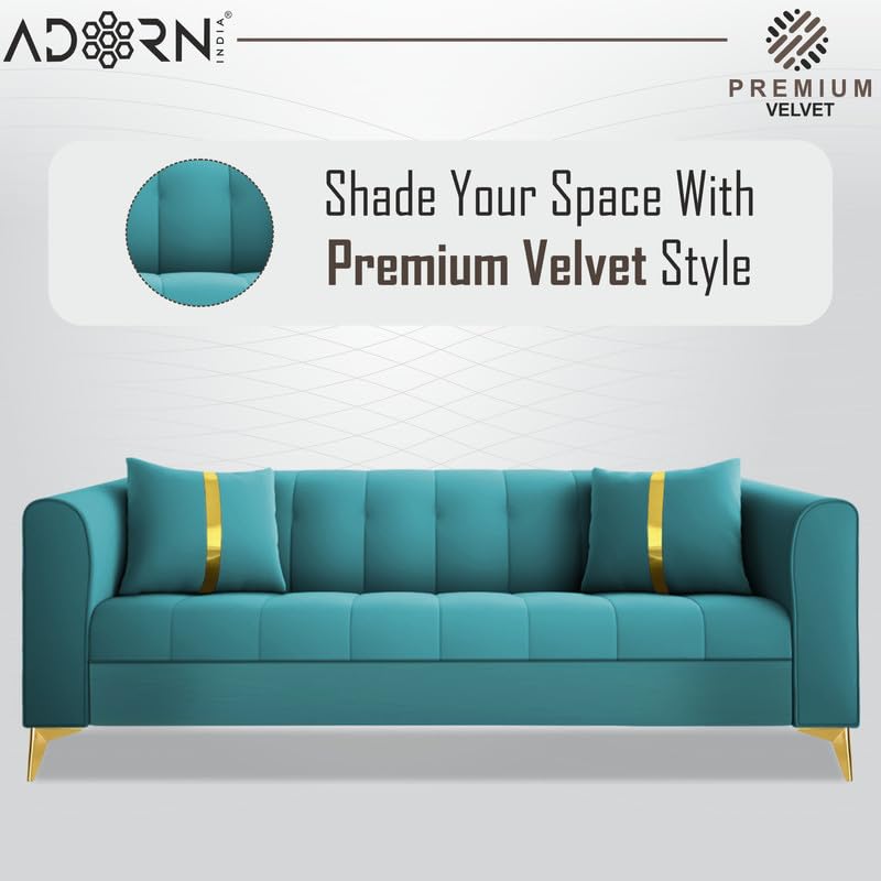 Image of Adorn India Premium Mystic - 3 Years Warranty - 3 Seater Sofa Velvet Suede Fabric - Aqua Blue