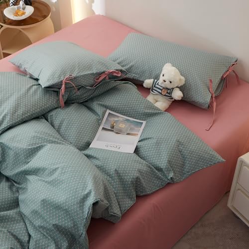 Image of LifeTB Vintage Green Floral Comforter Set King, 3 Pieces Aesthetic Pink Flowers Comforter with 2 Bowknot Pillowcases, Cottagecore Floral Bedding Set Farmhouse Botanical Comforter for All Seasons