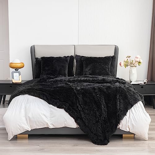 YUSOKI Black Queen Faux Fur Blanket,2 Layers,90"x90" Without Pillows Big Soft Plush Fuzzy Large Warm Fluffy Throw Blanket for Bed
