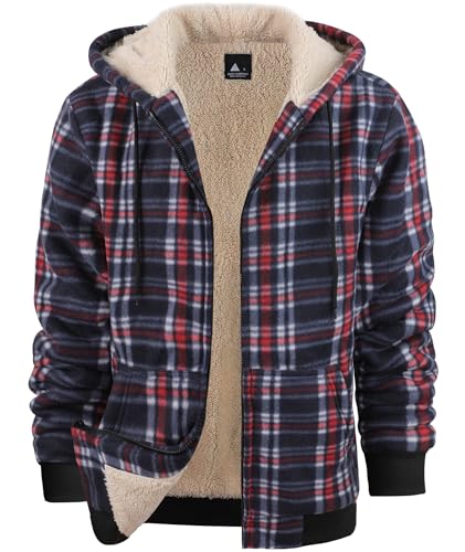 Image of Mens Plaid Hoodies Winter Zip Up Fleece Jacket Sherpa Fleece Lined Warm Flannel Jacket Coat
