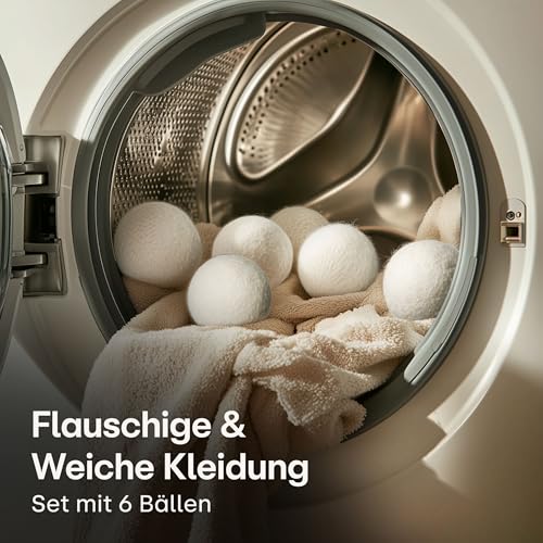 Praknu Trocknerbälle Wolle für Wäschetrockner 6er Set - Weiche, Flauschige Wäsche - 100% Öko Schafwolle - Energie sparen - Ideal für Daunen - Wool Dryer Balls aus Schafwolle