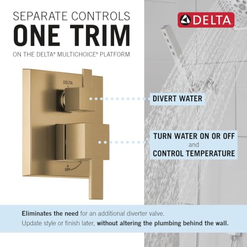 Image of Delta Modern Square Shower System Faucet Set, Brushed Gold 6.5-inch Shower Head and Handle Set, Valve Trim Kit, Champagne Bronze T342703-CZ (Valve Not Included)