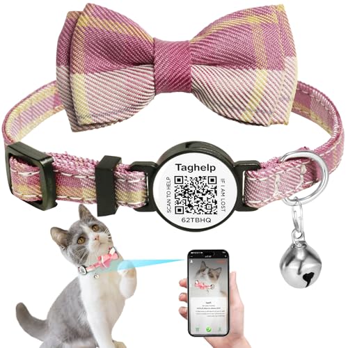 Cat Collar Breakaway with Cute Bowtie Bell, Kitten with Collar Pet Plaid Collars for Cat Kitten,with Bow Tie, Girl Boy Safety Plaid with Smart QR ID Tag for Girl Boy for Cats (Purplish red)