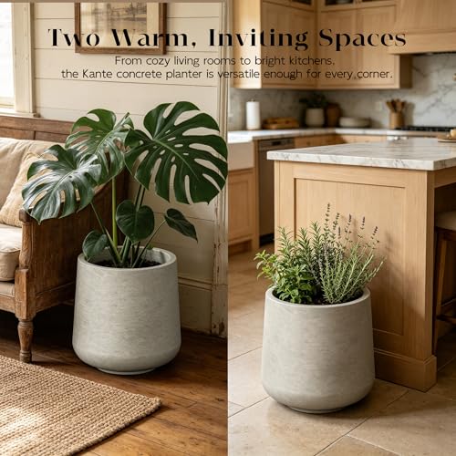Image of Kante Weathered Concrete Planter 16.5 inch Dia All-Weather Round Large Pot | Handcrafted Cement Curved, Anti-Frost & UV Outdoors, Plug for Indoor, Lightweight & Durable, Modern Home, Garden, Porch