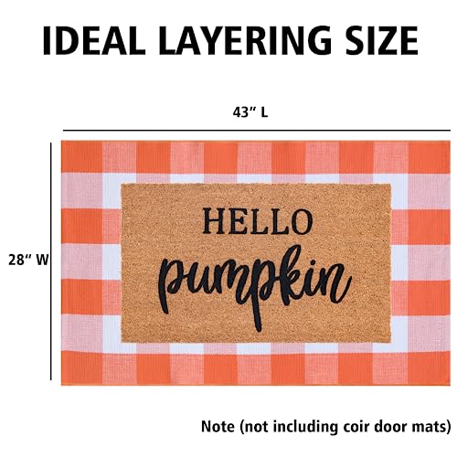 Fall Plaid Rug 28" x 43", Orange and White Buffalo Check Front Porch Outdoor Layered Doormat, Cotton Hand-Woven Washable Rug for Halloween Thanksgiving Autumn Decor