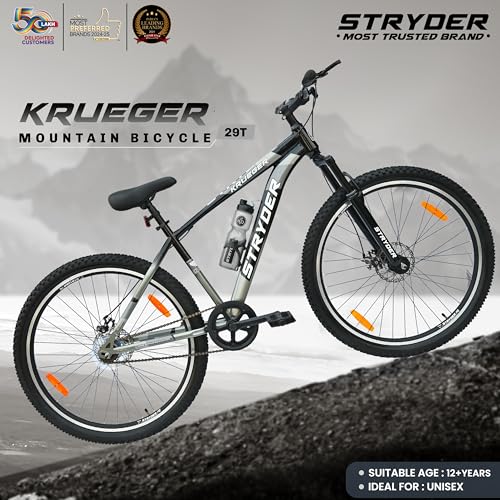 Image of Stryder 29T Krueger Mountain Cycle for Men & Women with Front Suspension and Dual Disc Brake | Single Speed Cycle - Ideal for 12+ Years (Frame: 18 Inches) (Black::Gray)