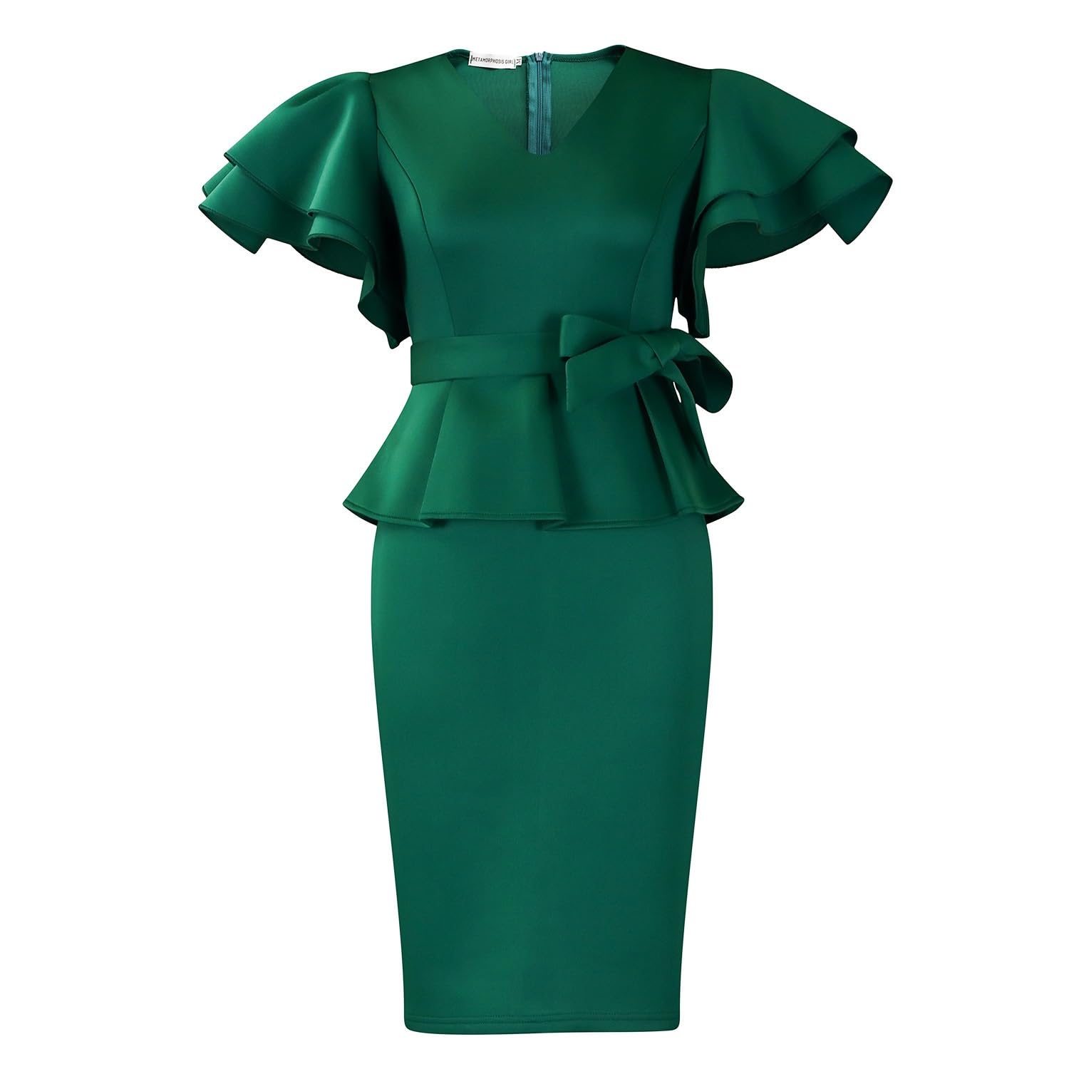 Abito A Tubino Elegante Da Donna, Formale, Tinta Unita, Per Feste E Cocktail Abito Midi Aderente Sexy Con Scollo A V, Volant, Maniche Corte E Cintura