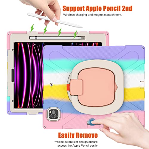 Scsvpn Ipad Pro 12.9 Kids Case 6Th/5Th/4Th/3Rd Generation 2022 2021 2020 2018 With Pencil Holder/Rotating Stand/Handle Strap, Rugged Silicone Protective Cover For 12.9 Inch Ipad Pro (Colorful Pink) #TOP1