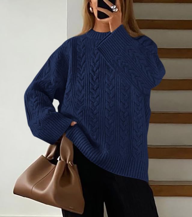 Okiwam Women's Oversized Sweaters Crewneck Cable Knit Pullover Casual Loose Fall Outfits Fashion Clothes 2025
