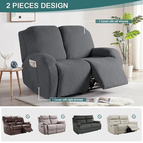 Image of Ruaozz Recliner Loveseat Covers 2 Pieces Recliner Sofa Covers with Pockets Stretch Reclining Couch Slipcover Washable Furniture Protector with Elastic Bottom (2 Seater, Dark Gray)
