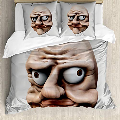 ABAKUHAUS Humour Ensemble de Housse de Couette, Grincheux Internet Troll, Décoratif, 3 Pièces avec 2 Taies d'oreiller, 200 cm x 200 cm - 80 x 80 cm, Tan et...