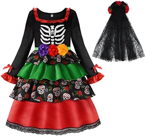 ReliBeauty Kids Day of The Dead Costume for Girls Sugar Skull costume with Fl...