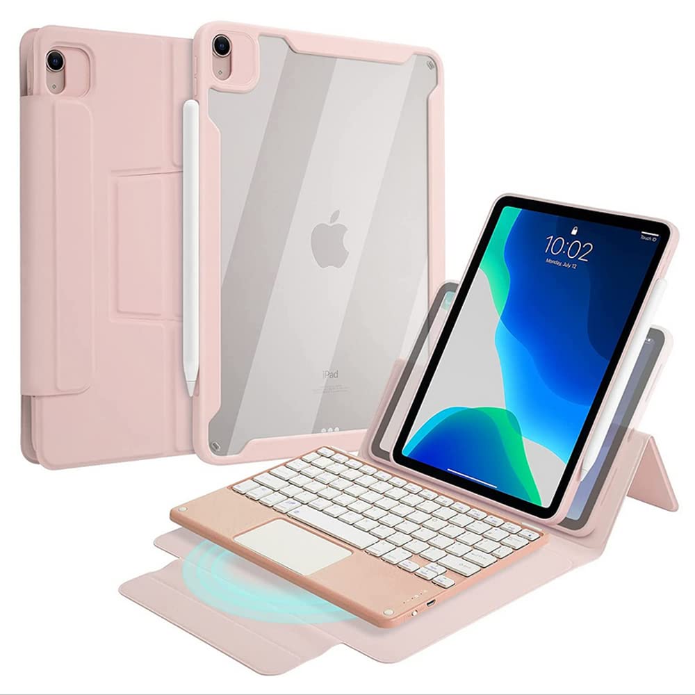 Étui avec clavier TouchPad pour iPad Pro 12.9 2021/2020/2018, double face magnétique en cuir et acrylique transparent avec clavier tactile amovible, rose