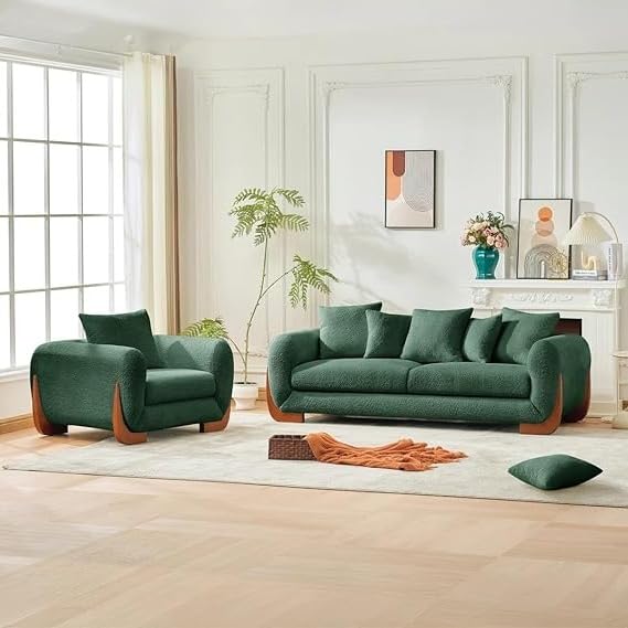 Image of A to Z Furniture Modern Sofa Set Luxury Boucle Febric Sofa in for Home Living Room & Office (3+1+1=5 Seater Sofa Forest Green)