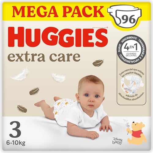 Huggies Extra Care Pañal para bebé con diseños Disney Talla 3 (5-9 kg), 3 packs x 32 pañales, 96 pañales con almohadillas extra suaves que cuida de la piel del bebé