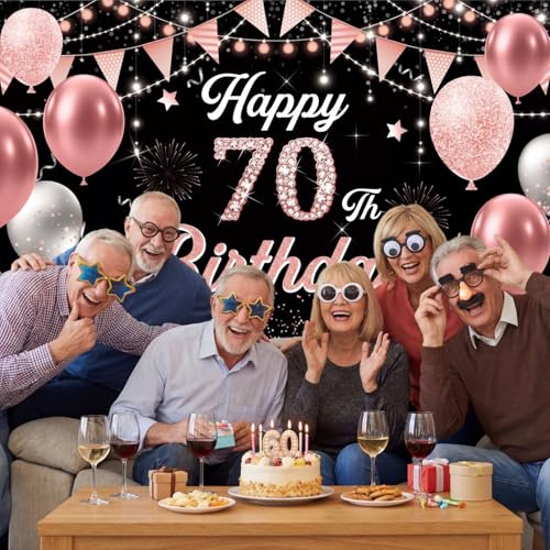 Image of 70th Birthday Decorations for Women - Happy 70th Birthday Banner Decorations Cheers to 70 Years Birthday Party Indoor and Outdoor Decoration Suppiles Pink Backdrop for 70th Birthday Party Favors Decor