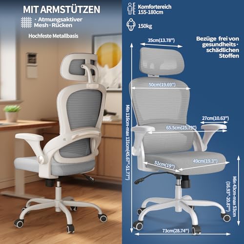 Image of TRALT Ergonomic Office Chair, Desk Chair with Adjustable Headrest, Height-Adjustable Office Chair, Office Chair, Ergonomic Desk Chair, Gaming Chair, 150 kg for Long Time, Grey