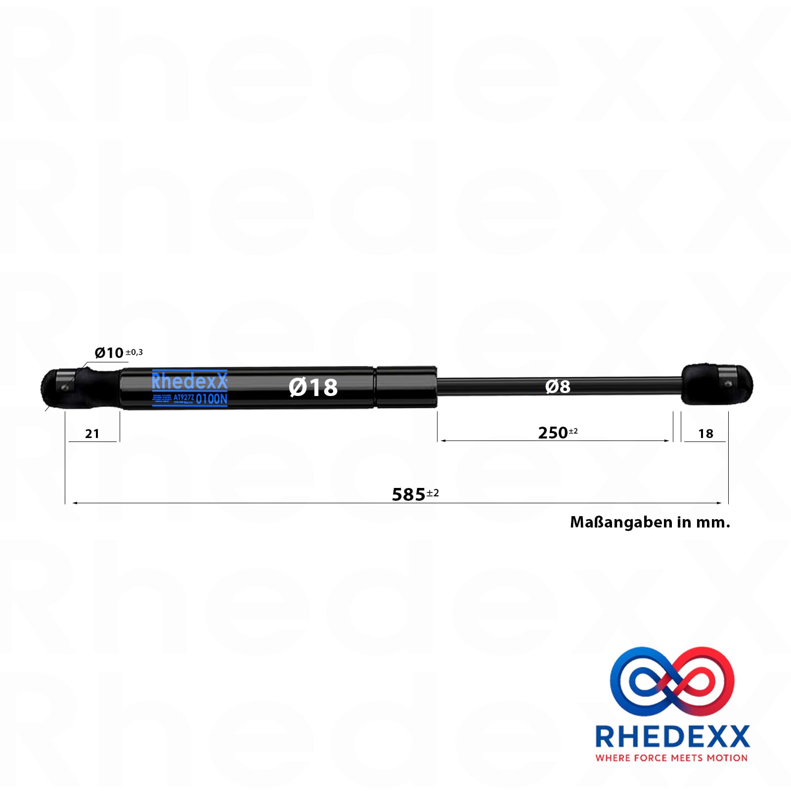 Amortiguador de gas con junta esférica de 585 mm (250 NEWTON - KP)