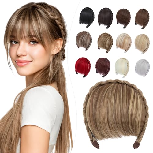 Elailite Flequillo Postizo Pelo Corto Hairband # Marrón Castaño/Rubio Dorado, Flequillos Falso Postizos Diadema para Mujer 55g