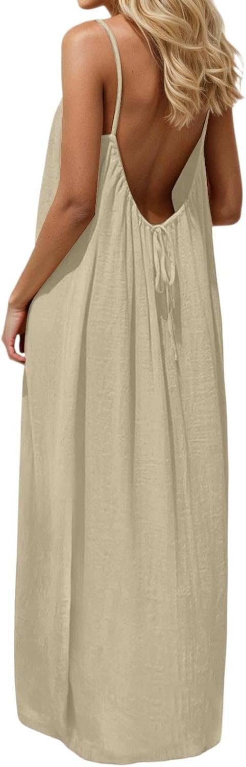 Casual Dresses for Women Sleeveless Backless Cami Dress Spaghetti Strap Flowy Beach Summer Loose Vacation Maxi Sundress