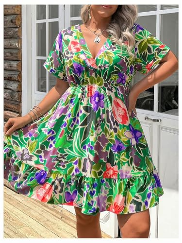 Image of Floerns Women's Plus Size Summer Vacation Wrap V Neck Short Sleeve Ruffle Hem A Line Hawaiian Short Dress