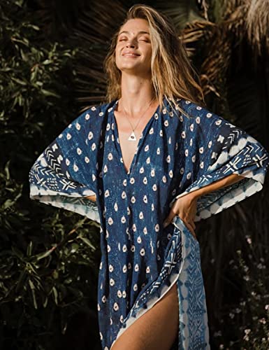 Beach Cover-ups Women's Wave Point V-Neck Caftans Rayon Ethnic Print Plus Size Caftan Over-Sized Half-Sleeve Kaftan2