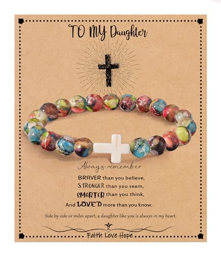 Image of Cross Bracelets for Women, Christian Gifts for Women Stocking Stuffers for Teens Cross Bracelet Imperial Nature Stone Bead Bracelet Confirmation Baptism Gift for Teen Girls Christmas Religious Gift Cathlic Faith Jewelry
