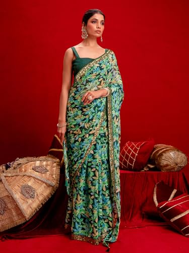 Image of SIRIL Women's Chiffon Printed Saree With Unstitched Blouse Piece